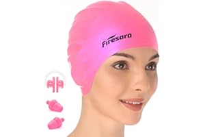Firesara Bonnet de Bain, Original à Jour Bonnet de Natation 3D Ergonomique Confortable Durable pour Enfants Adultes Femme Hommes pour Cheveux Longs ou Courts avec Clip de Nez et Bouchons d'oreille