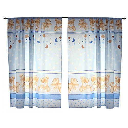 Kinderzimmer Vorhänge Gardinen 2er SET 155 x 155 cm Dekoschal mit Zierband und Stern, Farbe: Bärchen Blau, Größe: ca. 155×155 cm - 2