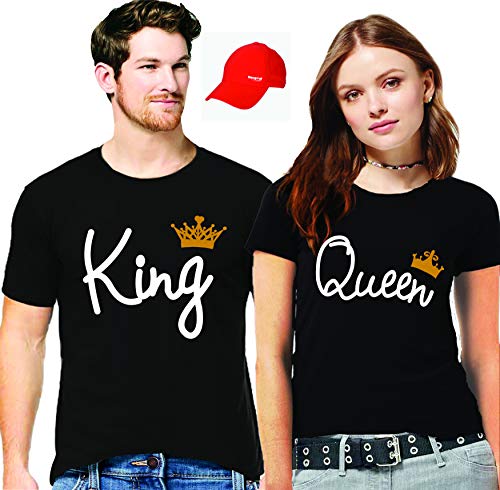Hangout Hub Hangout-Hub110 King Queen Couples Tshirt for Couple | Printed T-Shirts for Boyfriend Girlfriend and Husband Wife | Regular Fit (Set of 2, Cotton)