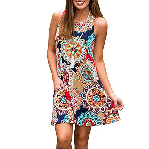 Robe Sans Manches Femme Ete Sexy Boheme Hippie Chic Imprimé Fleuri Mini Swing Robe De Plage Vacances Casual Cocktail Soiree Elégante Tunique Col Rond