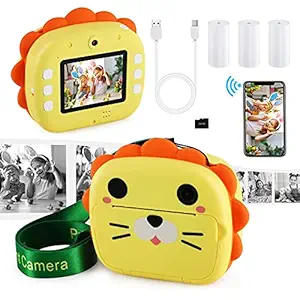 Barchrons WiFi Instant Print Digital Kids Camera 1080P Rechargeable Kids Camera with APP for Girls Video Camera with 32G SD Card for 3-12 Years Old Girls Boys Children's Day Birthday Lion