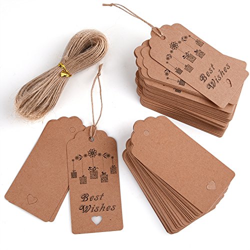 Kuuqa 100PCS Geschenk-Tag Kraftpapier-Geschenk-Umbauten Eine Unbelegte Seite für Danksagungs-Feiertags-Geburtstags-Hochzeits-Geschenke 20m / 67 Füße Natürliche Jute-Schnur