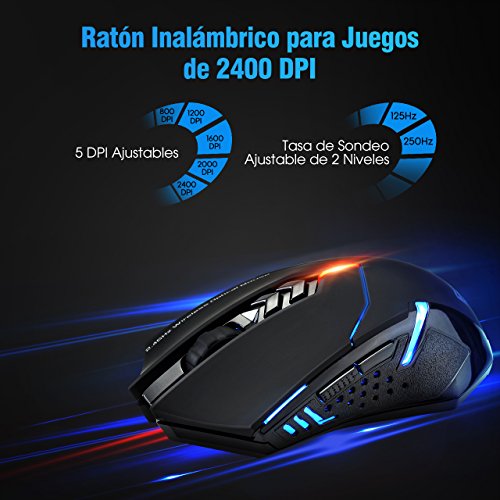 TOPELEK Rat  n Gaming Inal  mbrico Clic Silencioso 7 Botones USB port  til PC 2 4G   ptico inal  mbrico 2400 DPI 5 Niveles de ajuste con receptor nano para Windows Mac MacBook Linux-Ultra Ahorro de Energ  a