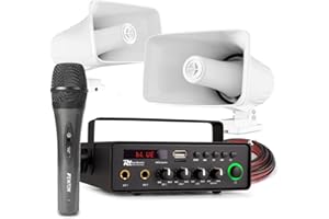 Power Dynamics 12V PA Horn Speaker System with Battery Powered Amplifier, Weatherproof Horn Speakers, Handheld Microphone, Bluetooth, USB/SD MP3 Playback for Vehicles and Outdoor Announcements