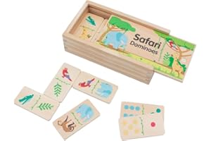 jumini Children’s Wooden Dominoes Set – 28-Piece Double-Sided with Farm, Woodland, and Safari Animal Designs – Sustainably Sourced Wood, Non-Toxic Paint, UK Safety Tested (Safari)