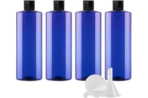 ZEOABSY 4 Pièces 500 ML Bleu Bouteille en Plastique avec Bouchon à Charnière Noir, Épaule Plate Vider Bouteille Ronde en PET de Voyage pour Cosmétiques Liquides