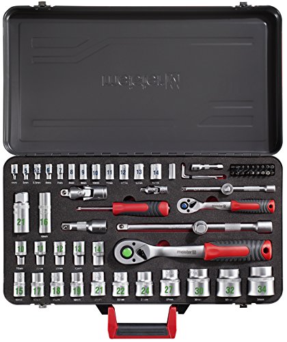 Meister Bit- und Steckschlüssel-Satz 64-teilig ✓ 1/2 + 1/4 Zoll Antrieb ✓ Große Ziffern ✓ Chrom-Vanadium-Stahl ✓ Robuster Metallkoffer ✓ Umschaltknarre | Knarrenkasten | Nusskasten | Ratschenkasten | Profi-Steckschlüsselkasten | Steckschlüssel-Set | 8429300 - 2