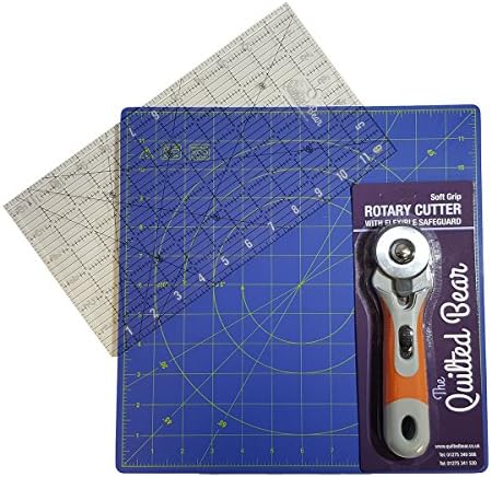 Quilted Bear 360° Rotating Self Healing Cutting Mat 12" x 12" + 12" x 6.5" Patchwork Ruler + 45mm Soft Grip Rotary Cutter
