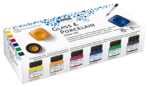 Kreul 16601 - Glass & Porcelain clear, transparente Glas- und Porzellanmalfarbe auf Wasserbasis, schnelltrocknend, glasklar, 6 x 20 ml in gelb, orange, rot, blau, grün und braun sowie ein Pinsel