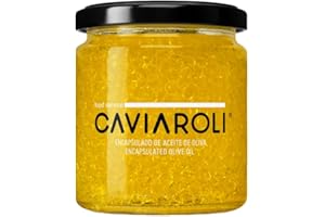 CAVIAROLI Huile d'olive extra vierge encapsulée. Perles d'huile gourmandes pour vinaigrette ou décoration Flacon de 200 gr. Perles d'huile d'olive vierge Arbequina. Perles d'olive en verre 200 gr. Huile Olive.