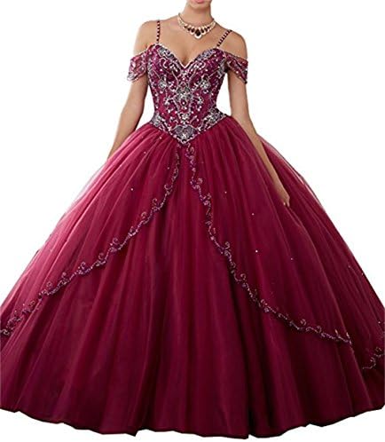 XUYUDITA Women's Off Shoulder Sweetheart Girls 16 Pageant Spaghetti Ball Quinceanera Dress Burgundy-UK16
