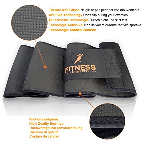 Fitnessgürtel – Premium Schwitzgürtel – Leicht zu Reinigen – Mehr Schwitzen – 2 GRATIS BONUS inkl. + Tragetasche + Körperfettzange – Bauchweggürtel Hot Belt mit Sauna Effekt ideal für Ihr Training, zum Laufen, Joggen – 2 Größen zur Wahl - 3