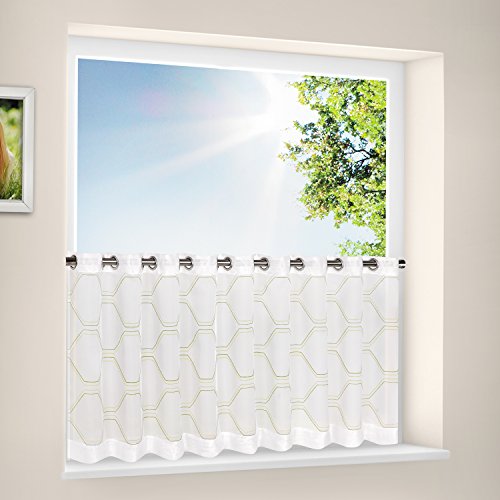 Moderne Fenster - Gardine " TIMELESS " mit Ösen, für Fensterbreiten bis 140 cm , Kurzstore, weißes Voile mit tollen abstrakten Motiven - (H/B 54 cm x 150 cm) - Neu - auch eine schöne Geschenkidee - Bistrogardine Scheibengardine (grün-weiss)