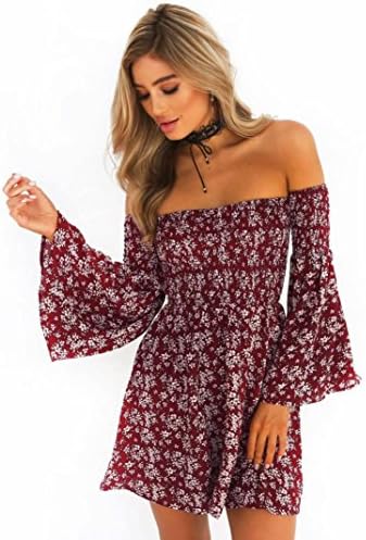 Sunday Women Dress Off Shoulder Summer Beach Casual Daily Evening Party Short Mini Dress Flare Sleeve Print Dress For Women (L, Red)