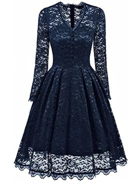 NALATI Spitzenkleid Langarm Herbstkleider V-Ausschnitt Festlich Partykleid Cocktailkleid Vintage 50er Hochzeit...