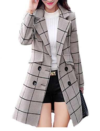 Smile YKK Stylish Winter Women Wool Grid Long Sleeve Lapel Coat Outwear Jacket Beige L