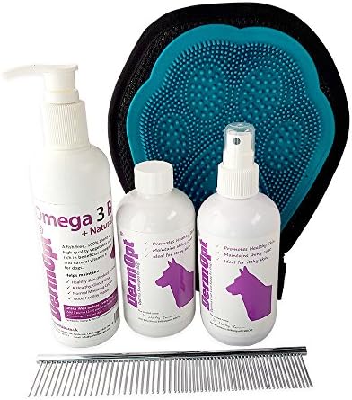 DELUXE Pamper Set Dog Grooming Gift Set Comprising 6 in 1 VET CREATED Dog Shampoo, Conditioner, Omega 3 Boost, PLUS Grooming Glove and Brush by DermOpt® (250ml)