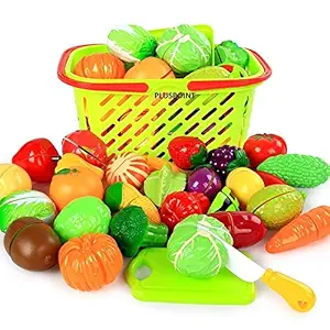 PLUSPOINT Plastic Realistic Sliceable Cut Fruits and Vegetable with Basket (Multicolour), 18pc