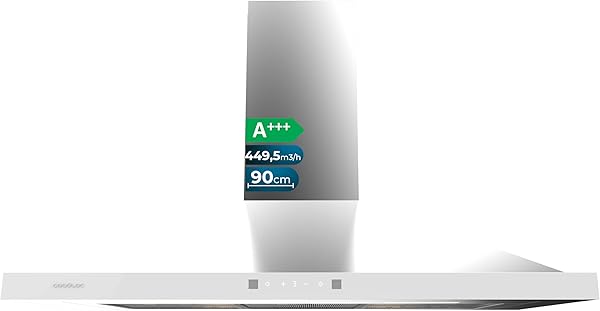 Cecotec Cappa Aspirante Piramidale 90 cm Bolero Flux PT 904400 Inox A+++. Vetro Frontale Bianco, Aspirazione 449,5 m³/h, Controllo Touch Invisibile, Funzione Booster, Filtri Lavabili, Classe A+++