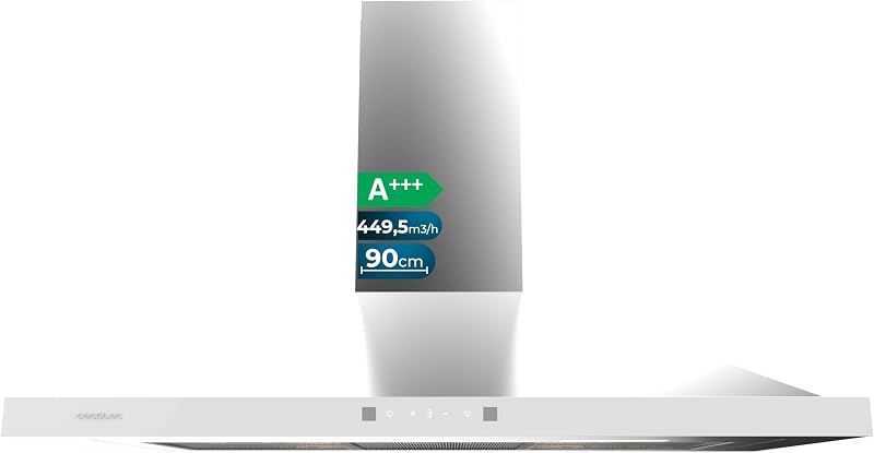 Cecotec Cappa Aspirante Piramidale 90 cm Bolero Flux PT 904400 Inox A+++. Vetro Frontale Bianco, Aspirazione 449,5 m³/h, Controllo Touch Invisibile, Funzione Booster, Filtri Lavabili, Classe A+++