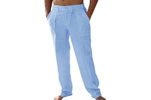 Runcati Lniane spodnie męskie do jogi, długie spodnie rekreacyjne ze ściągaczem, boczne kieszenie, luźny krój, letnie spodnie