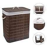 Vesgantti Panier à Linge Pliable en Bambou 100L Rangement Linge de 2 Compartiments Multifonction avec Poignée Couvercle et Doublures Amovibles Lavable