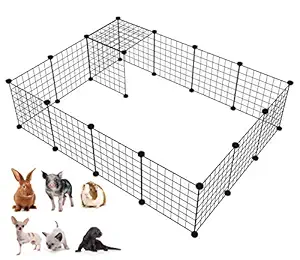 LANGXUN 16pcs Metal Wire Storage Cubes Organizer, DIY Small Animal Cage Rabbit, Guinea Pigs, Puppy | Pet Products Portable Metal Wire Yard Fence (Black, 16 Panels)