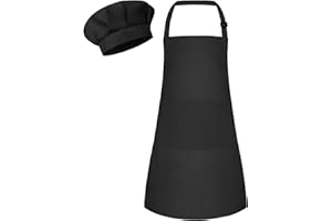 Bouiexye Kinder Schürze und Kochmütze Set Verstellbare Kinder Kinderschürze Bemalen Schürze Küchenschürze Bastelschürzen mit 2 Taschen zum Malen Backen Kochen