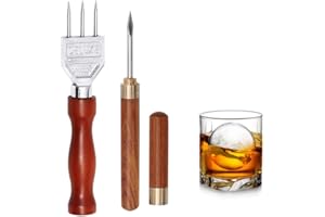 Kellegour Outil De Pic à Glace Cuisine,Pics à Glace en Acier Inoxydable + Pique 3 Dents à glace Avec Manche En Bois,Outil De Cocktail Broyeur à Glace Inox,pour Bars Cuisine Barmans Pique Nique Camping