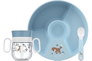 Mepal - Set di stoviglie per bambini Mio Little Dutch - 3 pezzi, con bottiglia per imparare a bere e cucchiaio educativo - Lavabile in lavastoviglie - Forest Friends