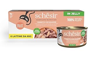 Schesir, Atún con Salmón en Gelatina, Comida Húmeda Completa para Gatos, en Lata, con Vitaminas Añadidas, 100% Natural, 6 x 85 g