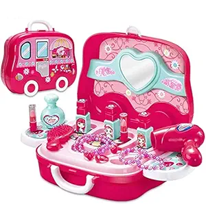 Tabu Toys World Beauty Makeup Pretend Play Toy Set for Girl with Makeup Accessories and Carry Suitcase,Plastic,Pink(Pack of 19+ acc)