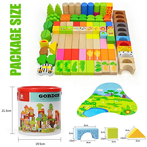 TOP BRIGHT Wooden Building Blocks Set - 100 Blocks Forest Adventure 13 Scene Puzzles Game