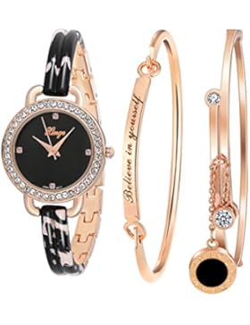 xinge Quarz Damen Armreif Armbanduhr Set mit Kristallen und 2Rose Gold Armreifen d3866l