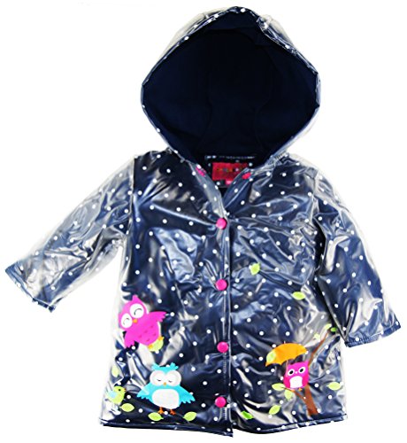 Wippette Baby Girls Infant Owl Hooded Rain Coat Jacket with Fleece Lining, Navy, 24 Months