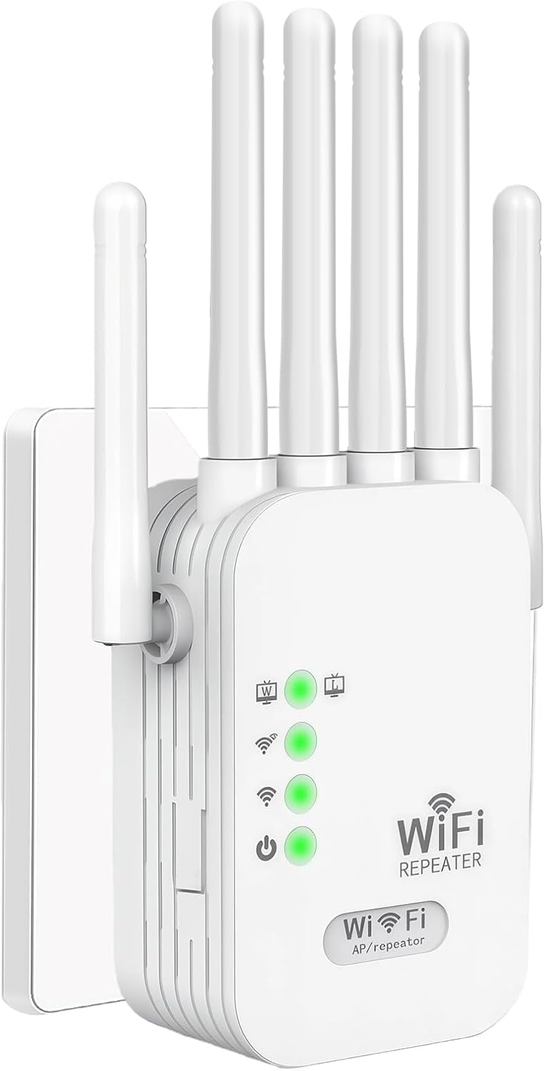 Xaoqin WiFi Extender Signal Booster for Home, WiFi Repeater 9,880 sq ft Coverage, Repeater/AP Mode, 6 Antennas, Ethernet Port, WPA2, Supports 105+ Devices, White