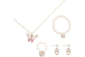 DiiWmme Set di gioielli per bambini da 4 pezzi per ragazze, collane con farfalle, bracciali, orecchini e anello per bambini, set di gioielli da principessa, per bambine, dai 4 ai 5 anni