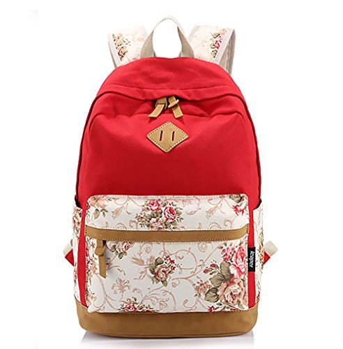 Fancybox Fashion Countryside Floral Vintage Canvas Woman Backpack Preppy Style Leisure Daypacks for Travel School (Red)