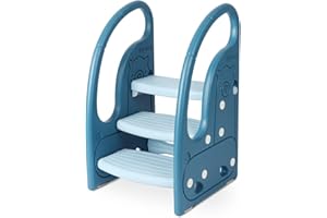 Onasti Step Stool for Kids, 3-Step Height Adjustable Toddler Step Stool, Plastic Learning Tower, Kitchen Helper, Toilet Steps with Handles and Non-Slip Pads, for Counter, Bathroom & Sink (Blue)