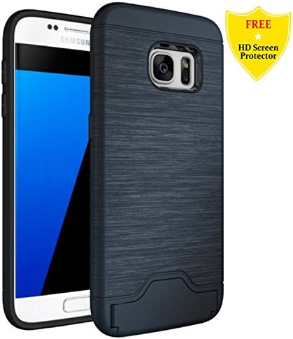 idatog Galaxy S7 Case + Free HD Screen Protector, 2 in 1 [with Card Holder] ShockProof Bumper Hybrid Rugged Armour Dual Layer PC + Soft Silicone TPU Protective Cover Case Samsung Galaxy S7 (Blue)