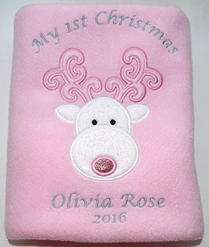 Baby Girls Personalised 1st Christmas Reindeer Super Soft Fleece Blanket (Pink)