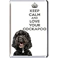 A Fridge Magnet with a Picture of a Black Cockapoo Puppy Dog with The Words Keep Calm and Love Your Cockapoo from Our Keep Calm and Carry ON Range. A Unique Birthday Gift idea for a Dog Lover!