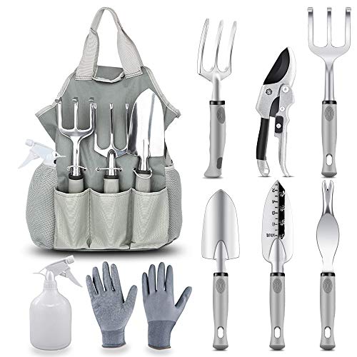 YAMI 9 Piece Garden Tool Sets, Heavy Duty Gardening Kit with Stainless Steel Hand Tool Kit, Durable