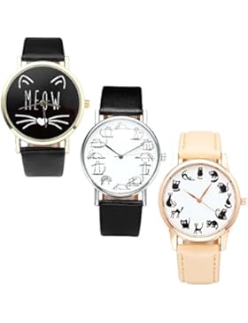 JSDDE Uhren Set,Vintage Damenmode Cute Cartoon Katze Kätzchen Armbanduhr Kunstleder Damenuhr Analog Quarzuhr 3x