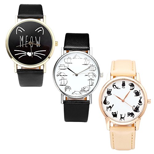 JSDDE Uhren Set,Vintage Damenmode Cute Cartoon Katze Kätzchen Armbanduhr Kunstleder Damenuhr Analog Quarzuhr 3x JSDDE Uhren Set,Vintage Damenmode Cute Cartoon Katze Kätzchen Armbanduhr Kunstleder Damenuhr Analog Quarzuhr 3x