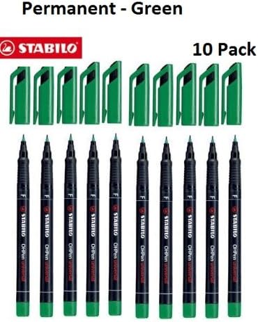 STABILOGREEN Over Head Projector Pen Fine Tip Marker 10 Pack Permanent Green Pen Writes On All Surfaces Metal Glass Plastic