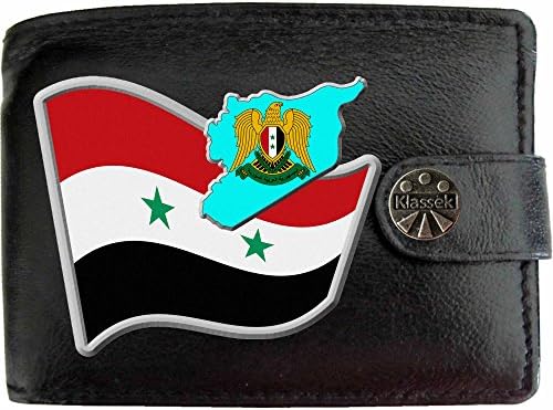 Syria Flag Syrian Map and Coat of Arms COA KLASSEK Mens Wallet Real Black Leather RFID Blocking with Coin Pocket and Metal Gift Box