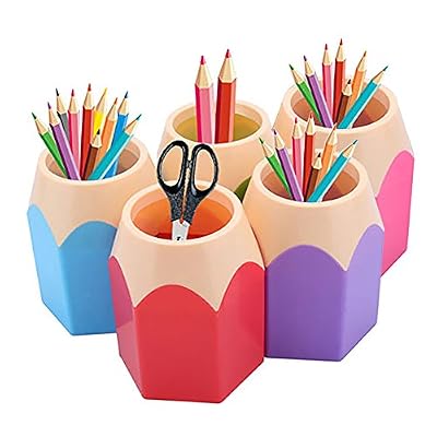 GlobalDeal Direct - Lot de 5 pots à crayons créatifs en forme de tête de crayon - Pour les fournitures de bureau, les pinceaux de maquillage, comme petits vases