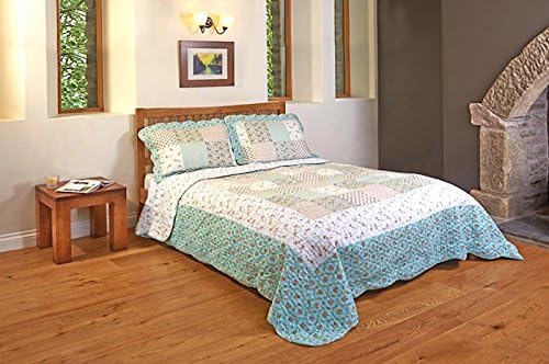 Quilted Patchwork Design Bedspreads - Annie - Turquoise - Floral (DOUBLE BED SIZE 240CM X 260CM)
