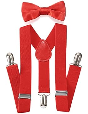 JewelryWe Hochwertige Kinder Hosenträger-Y Form mit Fliege- 3 Clips EXTRA STARK-Uni Farben